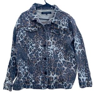 Prosperity Womens Size S Denim Jean Cheetah Print Oversize Jacket
